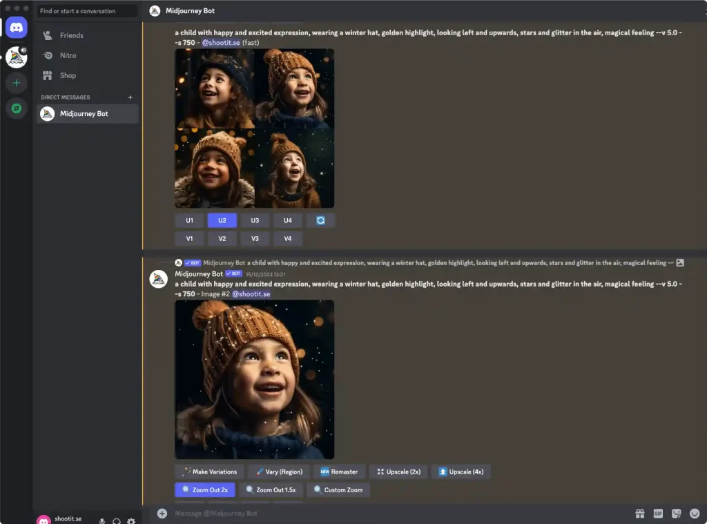 Skärmdump från gränssnittet i Discord, konversation med Midjourney Bot.